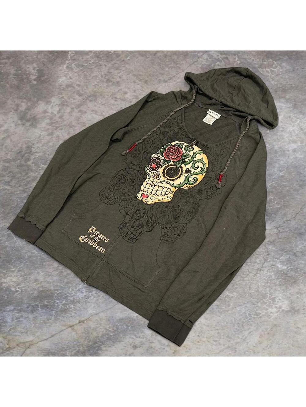 Disney Parks green and black skull zip up hoodie
